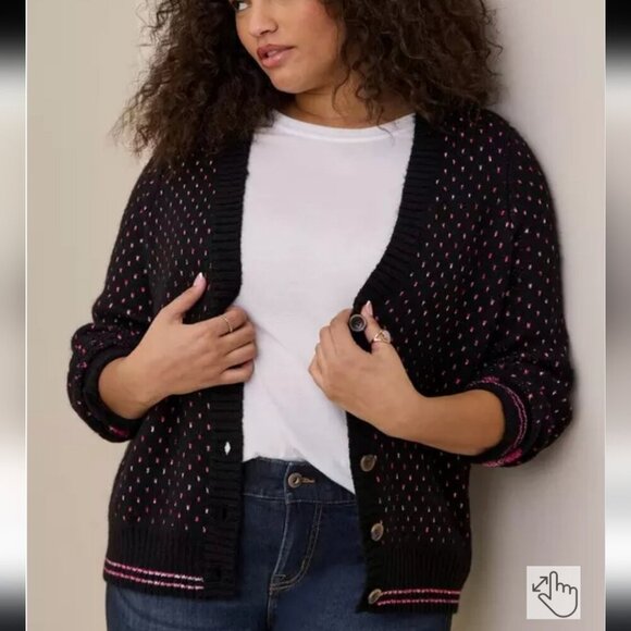 TORRID | Cardigan V-Neck Button Front Sweater Hearts Black Pink Sz 2X - Picture 3 of 7